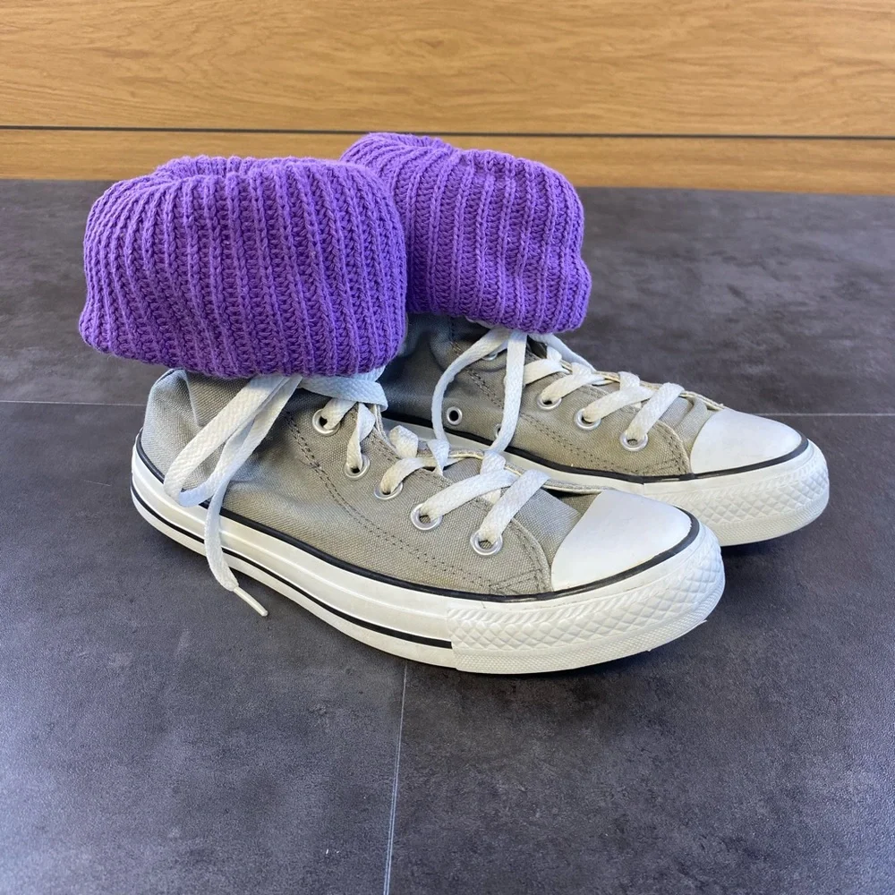 VTG Converse Retro Gray High-Top Sneakers with Purple‎ Legwarmers  size 6